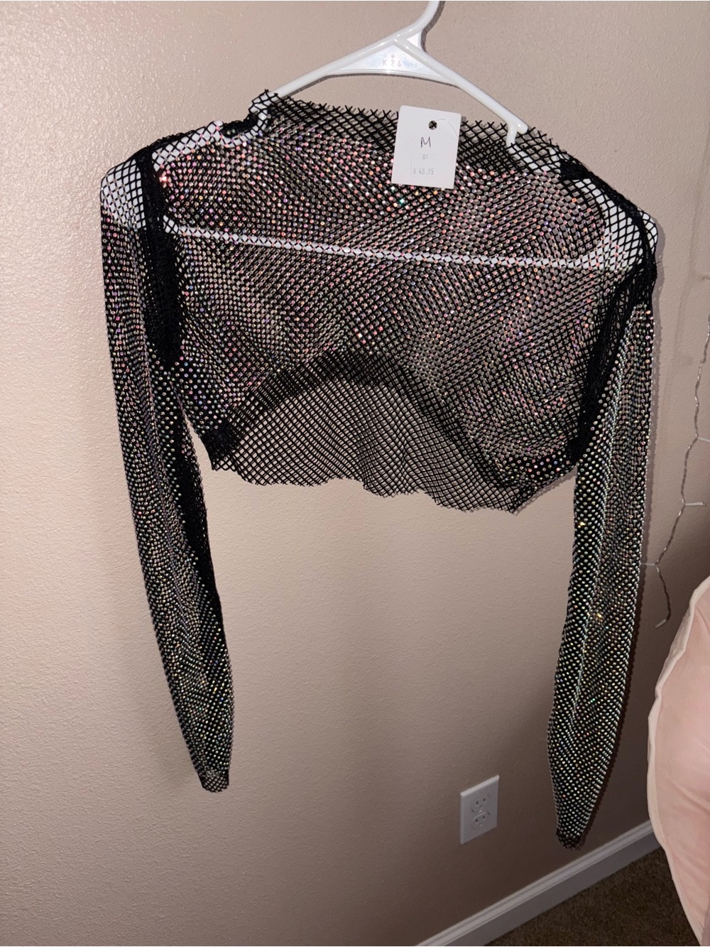Metallic Black Mesh Long-Sleeve Crop Top - M